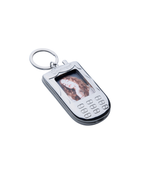 SomethingSoft silver phone-shaped photo keychain with a single photo insert on a white background