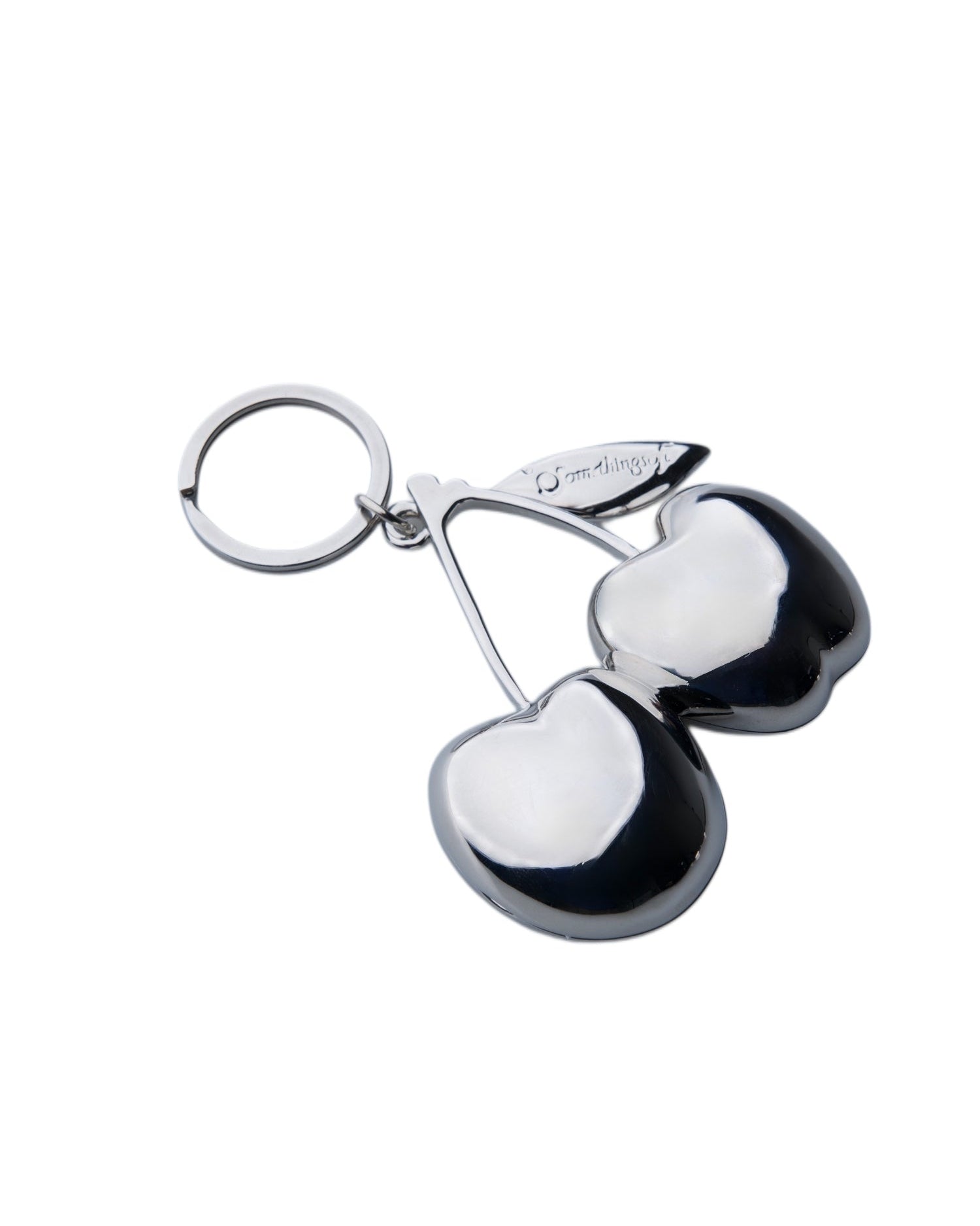 Back view of the silver SomethingSoft Cherry Photo Keychain on a white background