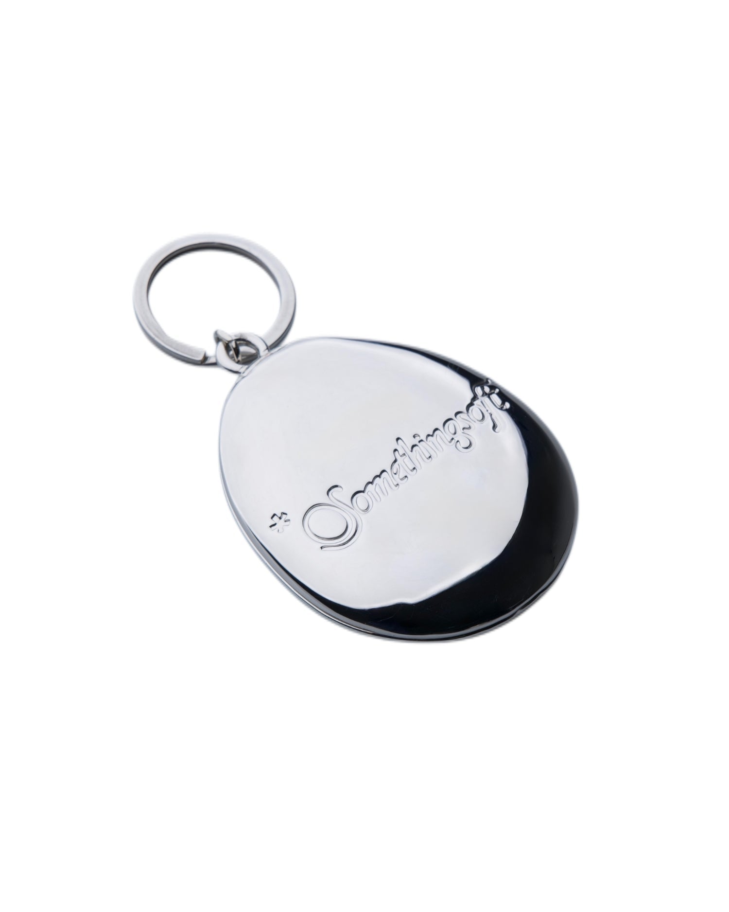 Back view of the silver SomethingSoft Digital Egg photo keychain with engraved logo on a white background